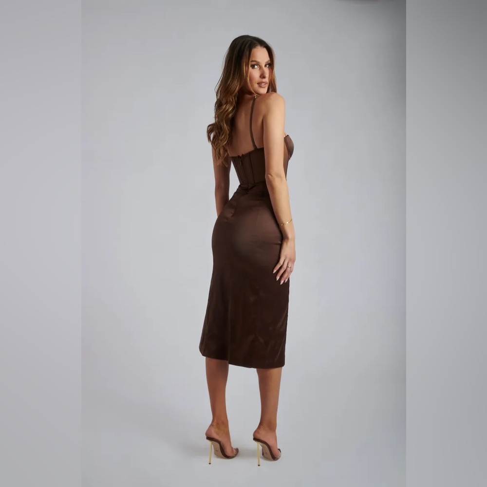 Meshki Brown Satin Corset Dress Bodycon Midi Thigh Slit Sexy Night Out Size M - Picture 7 of 16